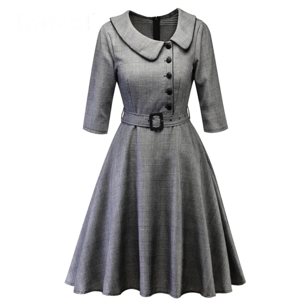 Casual Elegant Retro Dress, 3/4 Sleeve Dress Belted Retro Dress