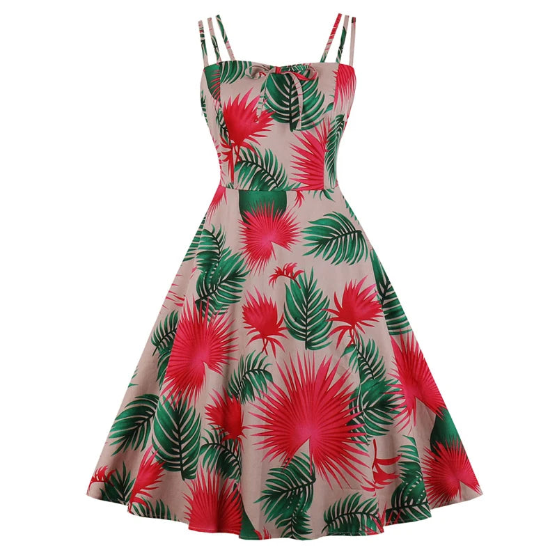 Bow Vintage Floral Party Cami Dress, Spaghetti Strap Cotton Retro Dress