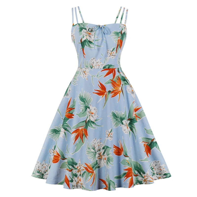 Bow Vintage Floral Party Cami Dress, Spaghetti Strap Cotton Retro Dress