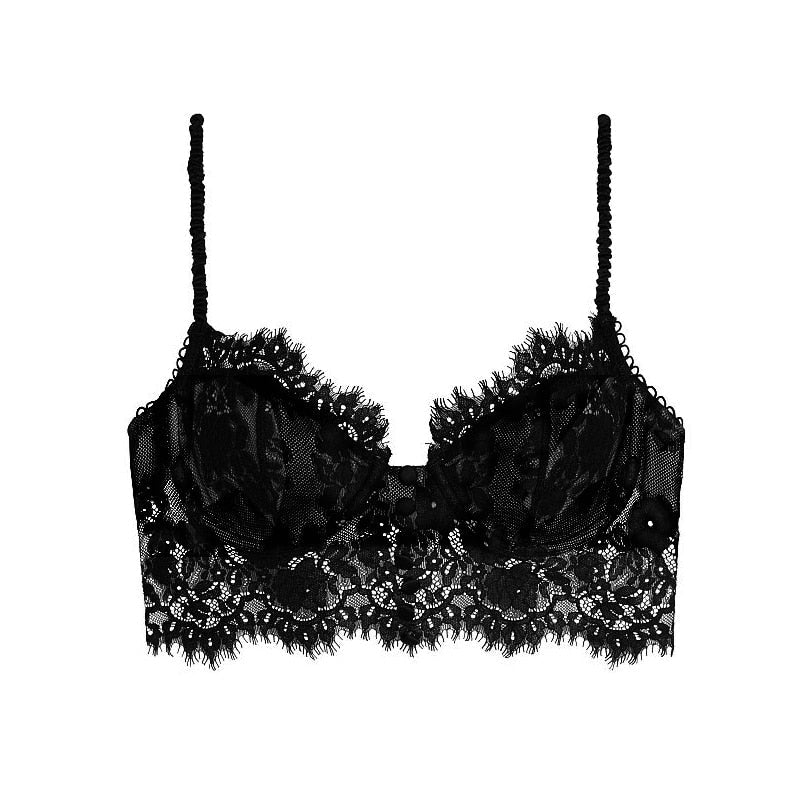 Mesh Cutout Lace Flower Embroidery Bralette Bra