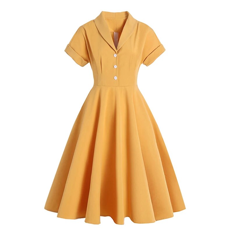 Retro Turn Down Collar Button Up Dress, 1950S Vintage Style Ladies Solid Midi Swing Dress