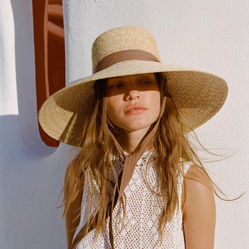 Wide Brim Beach Hats With Neck Tie For Women Large UV Protection Sun Hats Summer Big Brim Wheat Straw Hats - Belleroz