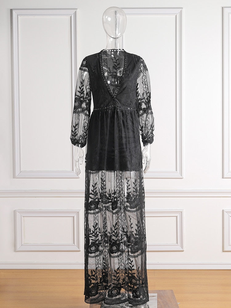 Bohemian Maxi Embroidery White Lace long Tunic Beach Dress