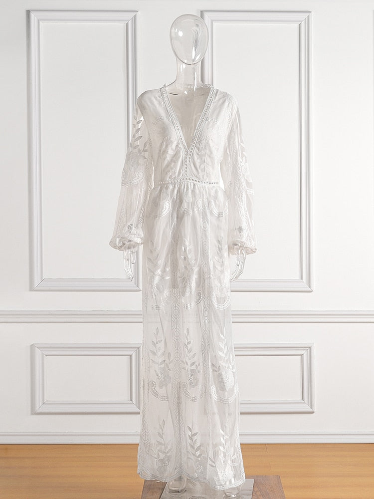 Bohemian Maxi Embroidery White Lace long Tunic Beach Dress