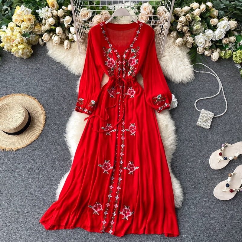 Bohemian Embroidered V-neck Lantern Sleeve Dress