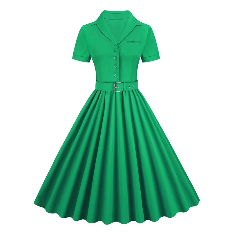 Solid Cotton Button Up Plain Vintage Dress, Short Sleeve Belted Pleated Midi Swing Retro Dress