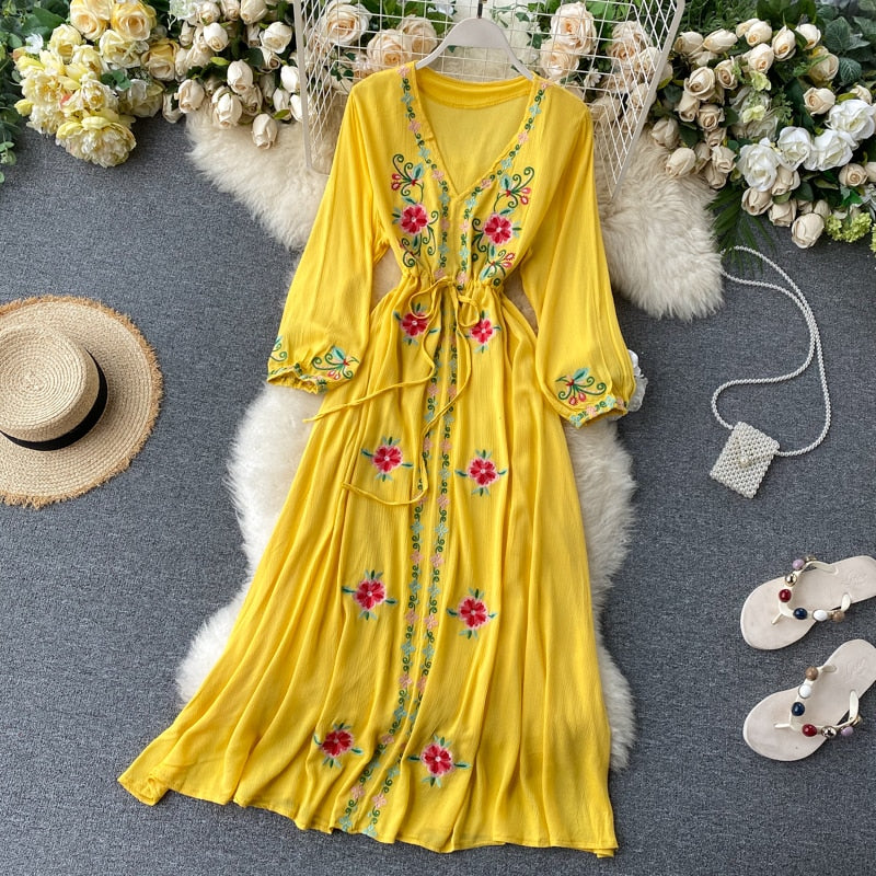 Bohemian Embroidered V-neck Lantern Sleeve Dress