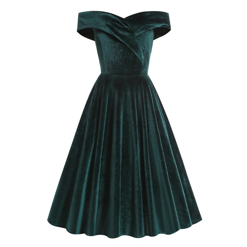 Off Shoulder Solid Velvet Winter Retro Dress, Fit and Flare Vintage Ladies Party Swing Dress