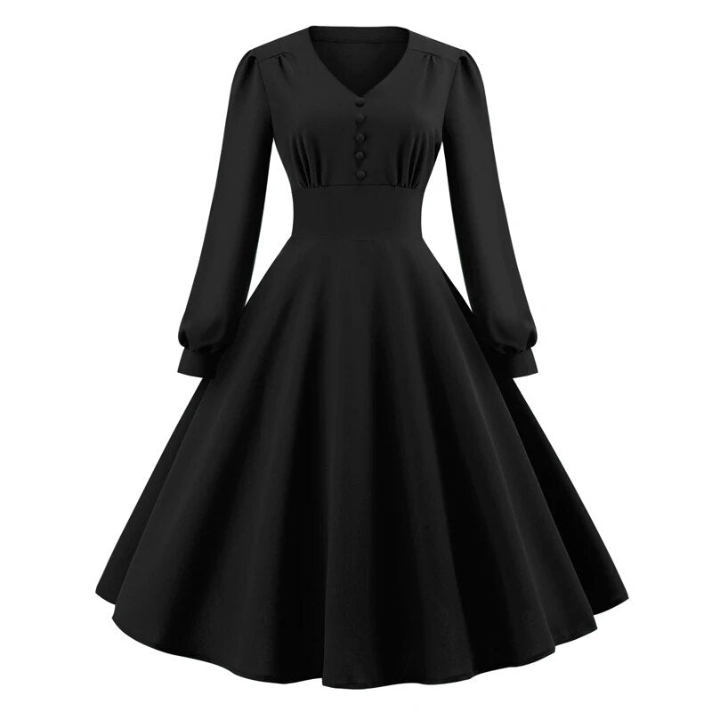 V-Neck Button Front High Waist Long Bishop Sleeve Vintage Dress, Vintage Swing Dress