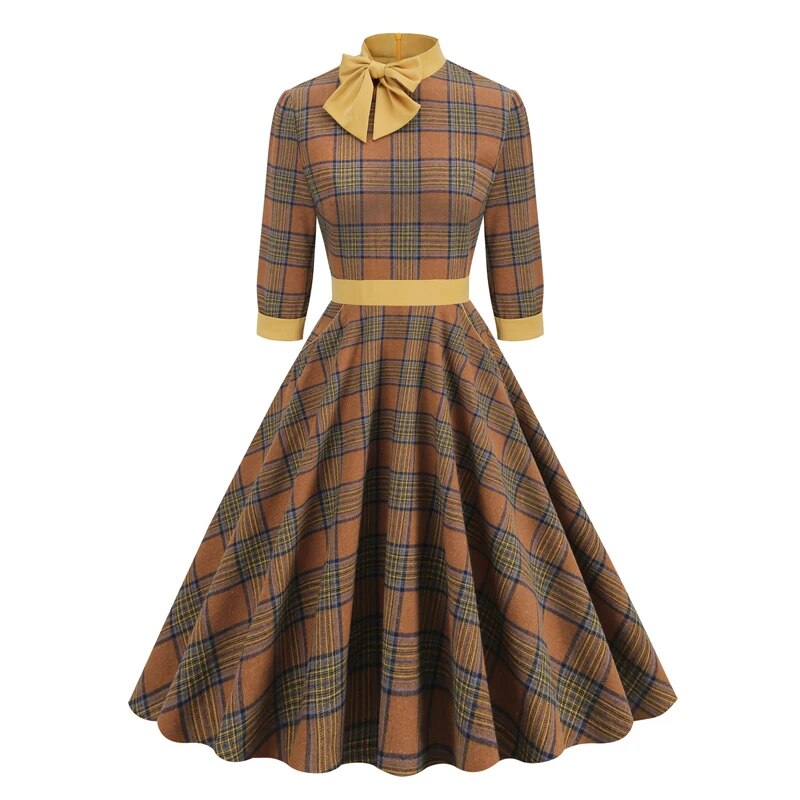 Vintage Plaid Pocket Midi Swing Dress for Women, Bow Neck 3/4 Length Sleeve Retro Dress