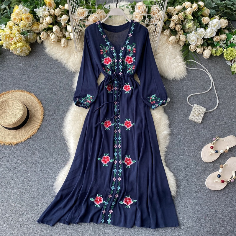 Bohemian Embroidered V-neck Lantern Sleeve Dress