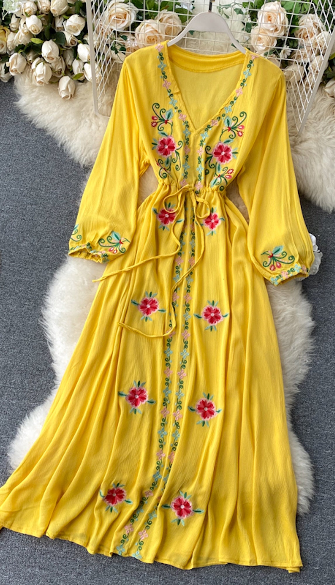 Bohemian Embroidered V-neck Lantern Sleeve Dress