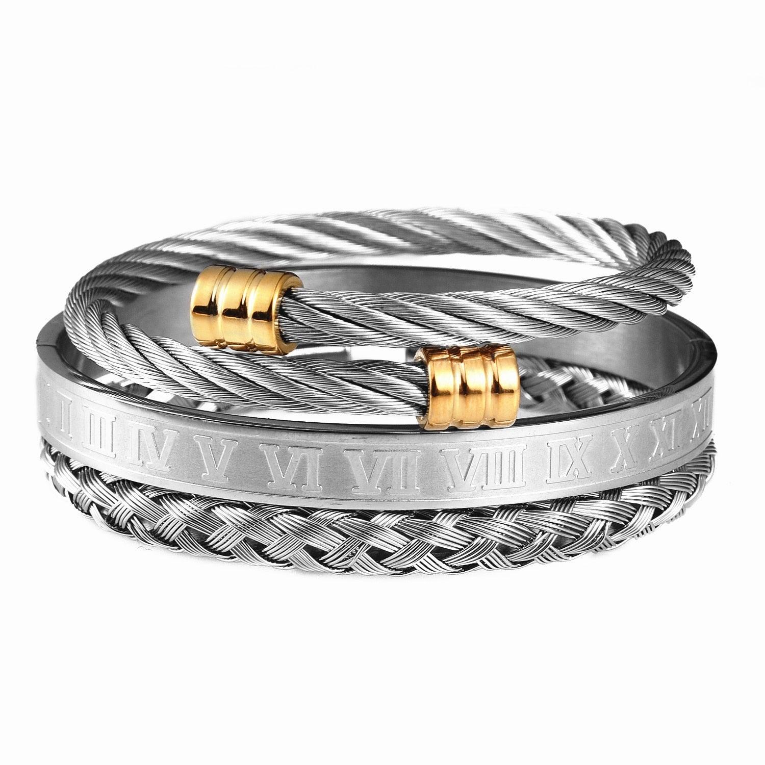 Luxury 3pcs/Set Stainless Steel Men Bracelet, Men Jewelry Roman Number Charm Bracelets - Sandrine Swank