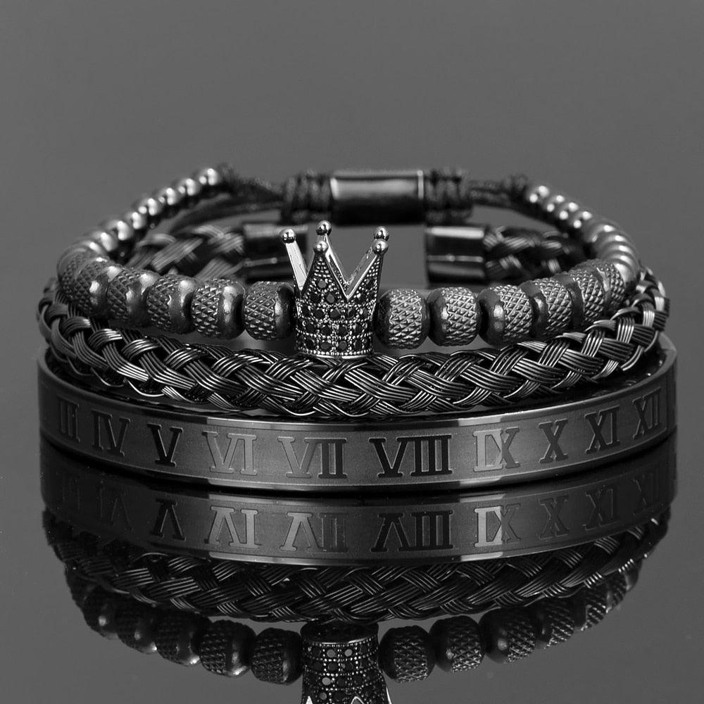 Luxury Crown Handmade Men Enamel Roman Numeral Bangles, Hemp Rope Buckle Open Stainless Steel Men Bracelet, Micro Pave CZ Luxury Jewelry - Sandrine Swank