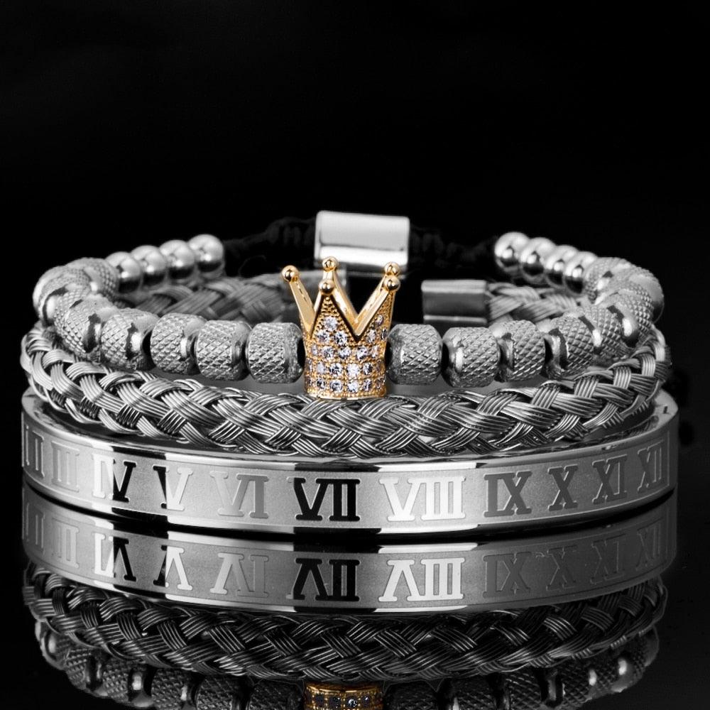 Luxury Micro Pave CZ Crown Roman Royal Charm Men Bracelets, Stainless Steel Crystals Bangles, Couple Handmade Jewelry Gift - Sandrine Swank