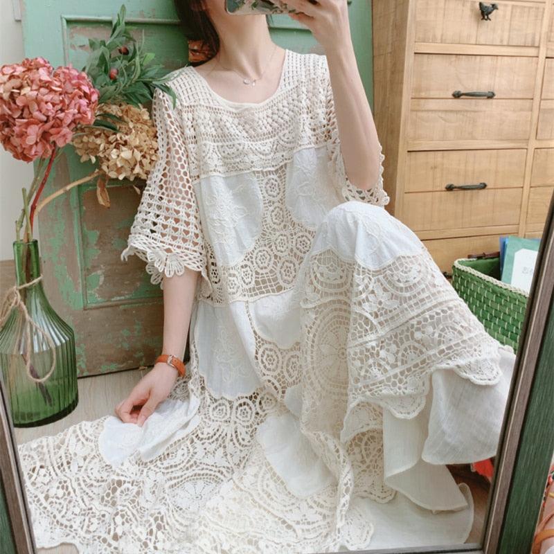 Elsie Mori Girl Sweet Elegant Crochet Lace Long Dress, Sexy Hollow Out Embroidery Midi Dress - Sandrine Swank