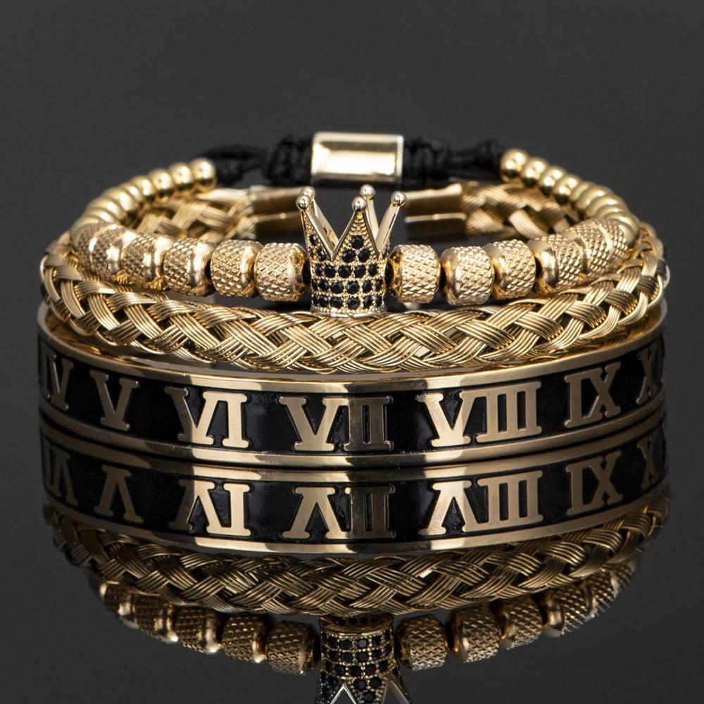 Luxury Crown Handmade Men Enamel Roman Numeral Bangles, Hemp Rope Buckle Open Stainless Steel Men Bracelet, Micro Pave CZ Luxury Jewelry - Sandrine Swank