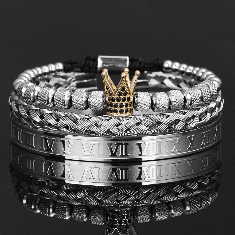 Luxury Crown Handmade Men Enamel Roman Numeral Bangles, Hemp Rope Buckle Open Stainless Steel Men Bracelet, Micro Pave CZ Luxury Jewelry - Sandrine Swank