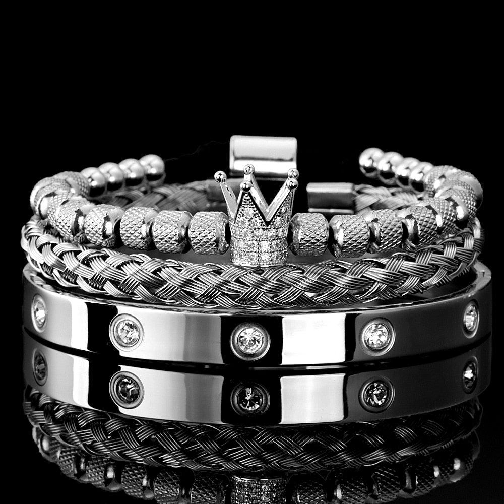 Luxury Micro Pave CZ Crown Roman Royal Charm Men Bracelets, Stainless Steel Crystals Bangles, Couple Handmade Jewelry Gift - Sandrine Swank