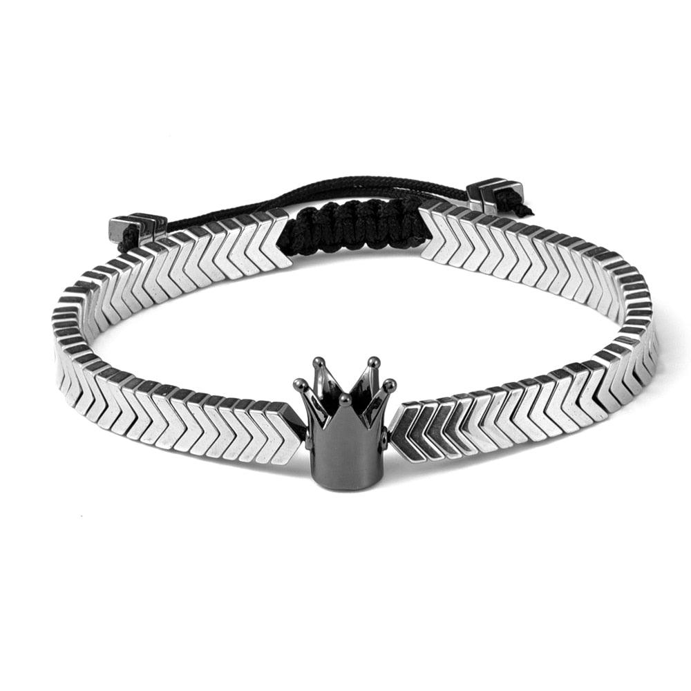 Crown Men Bracelet, Braided Rope Classic V Design Hematite Beaded Men Bracelet - Sandrine Swank