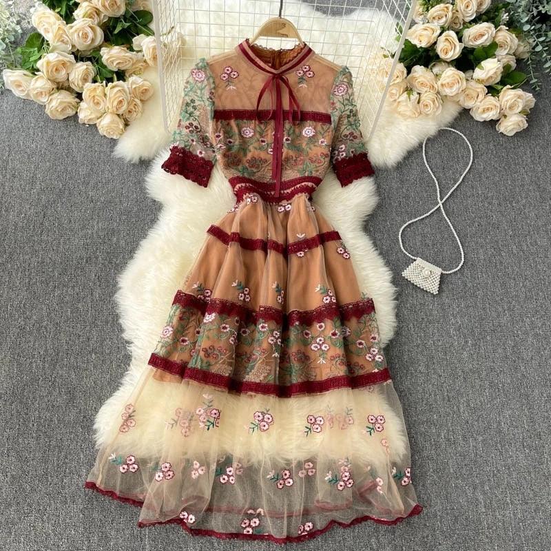 Elegant See Through Long Lantern Sleeve Mesh Dress, Flower Embroidery Lace High Waist Bohemian Maxi Dress - Belleroz