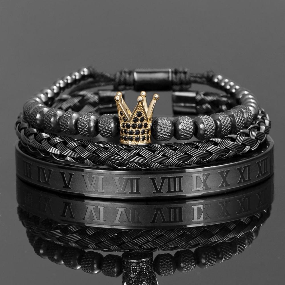 Luxury Crown Handmade Men Enamel Roman Numeral Bangles, Hemp Rope Buckle Open Stainless Steel Men Bracelet, Micro Pave CZ Luxury Jewelry - Sandrine Swank