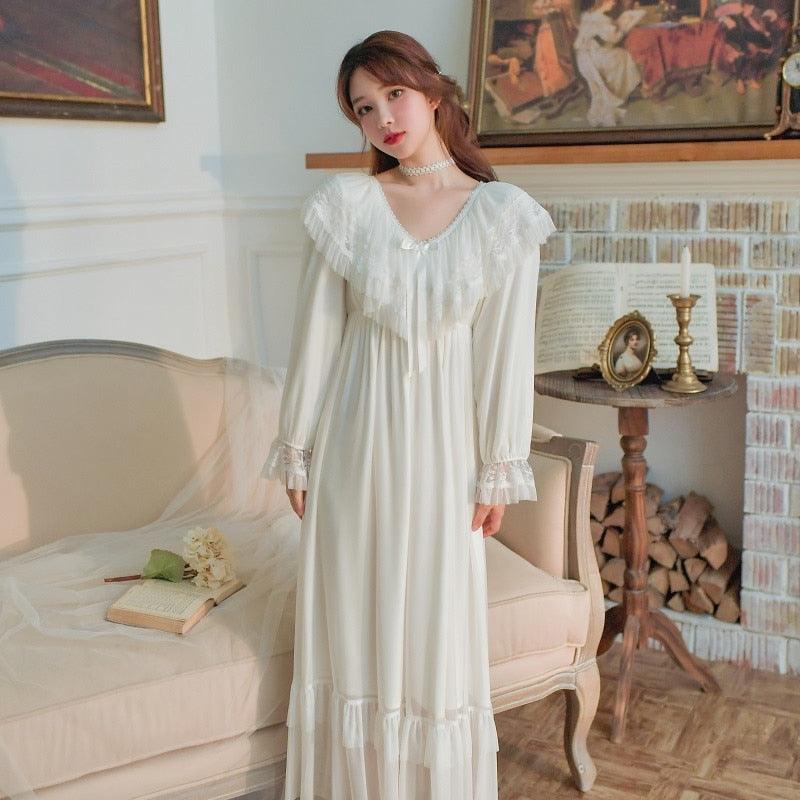 Vintage Luxury Modal Gauze Women's Long Nightgowns, Long Sleeve Soft Lace Spring Autumn Loose Nightdress - Belleroz