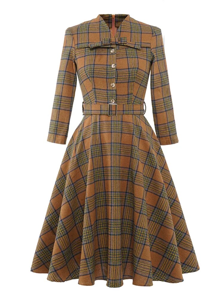 Vintage V-Neck Bow Front Buttons Plaid 50s Cotton Dress, 3/4 Sleeve Party Midi A Line Retro Dress