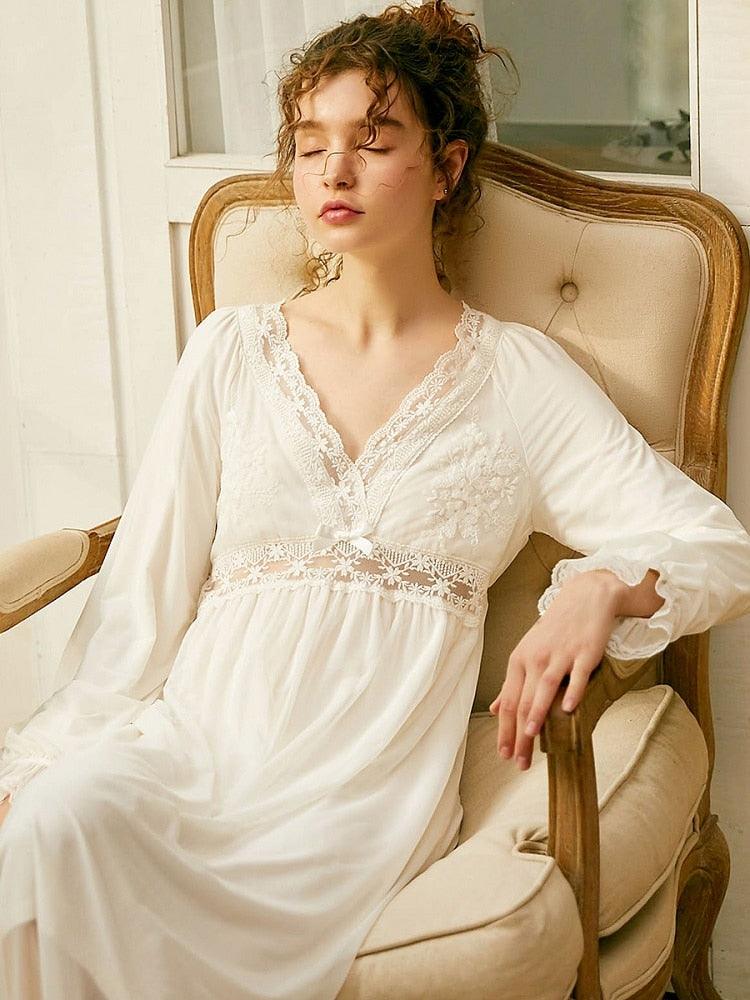 Victorian Nightgown, Vintage Cotton Women's Long Nightgown, Vintage Lace Deep V-Neck Nightdress - Belleroz