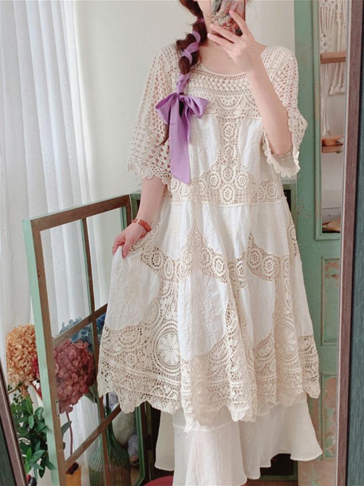 Elsie Mori Girl Sweet Elegant Crochet Lace Long Dress, Sexy Hollow Out Embroidery Midi Dress - Sandrine Swank