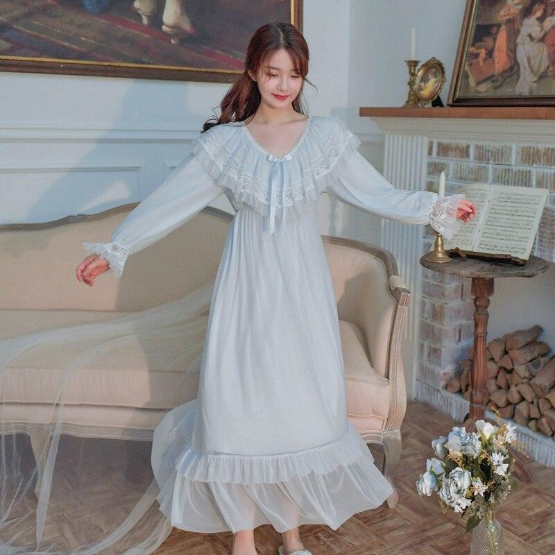 Vintage Luxury Modal Gauze Women's Long Nightgowns, Long Sleeve Soft Lace Spring Autumn Loose Nightdress - Belleroz