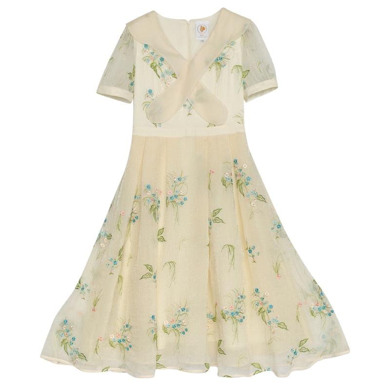 Elsie Spring Summer Dress Vintage Elegant Slim Midi Dress Retro Sweet Bow Collar Mori Girl Luxury Embroidery Casual Long Dress - Sandrine Swank