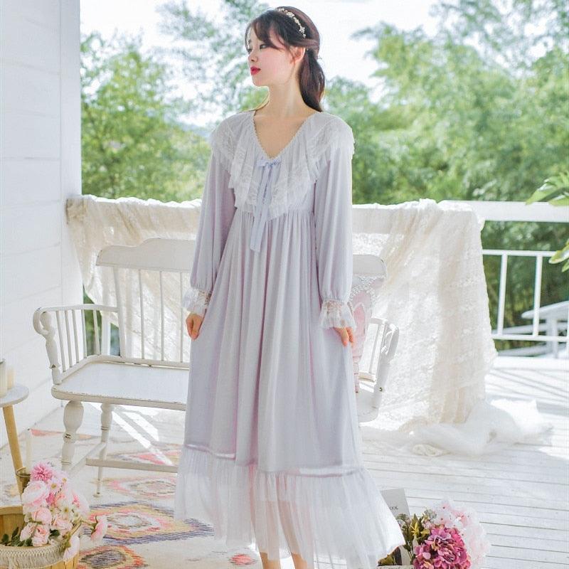 Vintage Luxury Modal Gauze Women's Long Nightgowns, Long Sleeve Soft Lace Spring Autumn Loose Nightdress - Belleroz