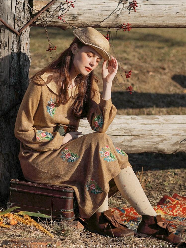 Elsie Vintage Mori Girls England Rose Embroidery Golden Thread Knitted Dress - Sandrine Swank