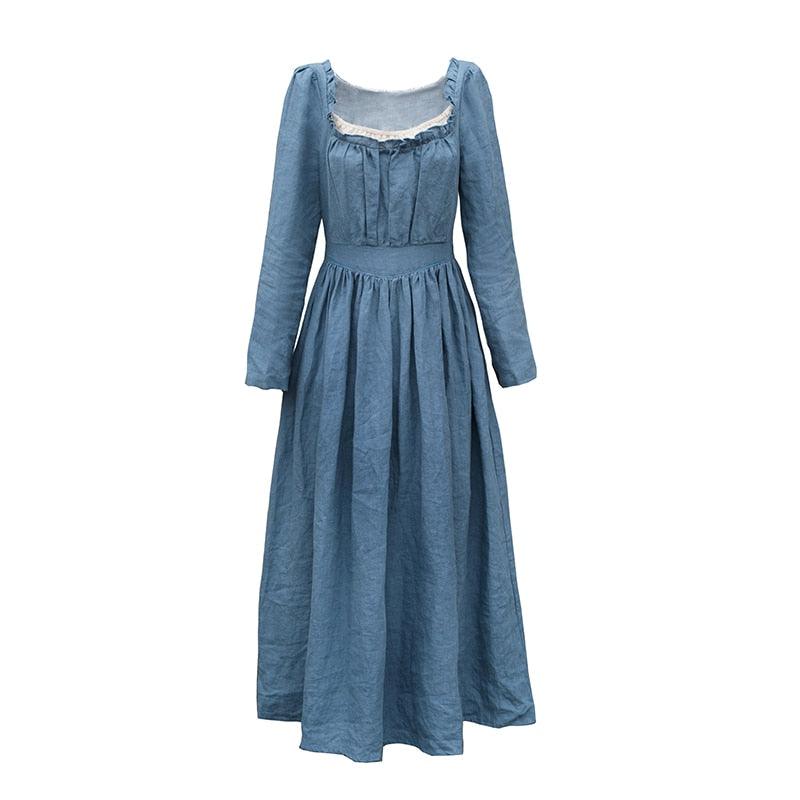 Elsie 100%Linen Coffee Long Dress Ladies Victoria Royal Vintage Elegant Long Sleeve  High Waist Dress robe longue - Sandrine Swank