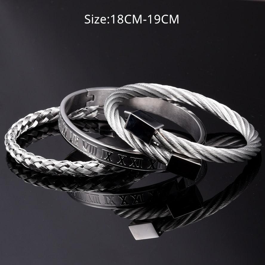 Luxury 3pcs/Set Stainless Steel Men Bracelet, Men Jewelry Roman Number Charm Bracelets - Sandrine Swank