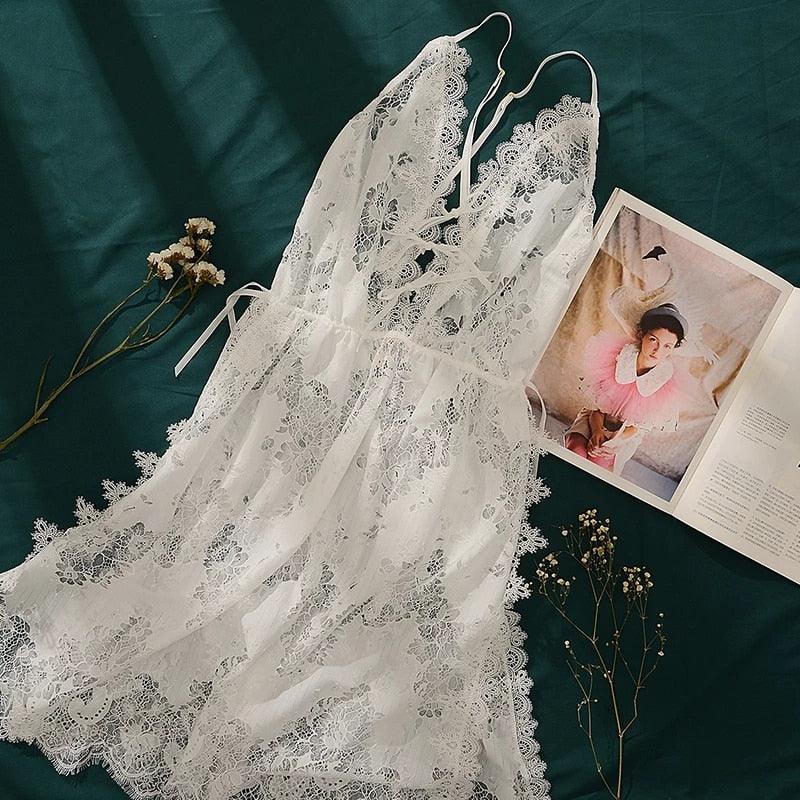 Floral Hollowed Out Lace Nightdress, Nightgown Sleepwear Lingerie Dress, Spaghetti Strap Lace Slip with Thongs - Belleroz