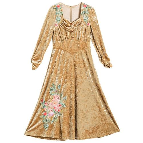 Elsie Vintage Elegant Slim Long Sleeve Sequins Embroidery Camel Long Velvet Dress - Sandrine Swank