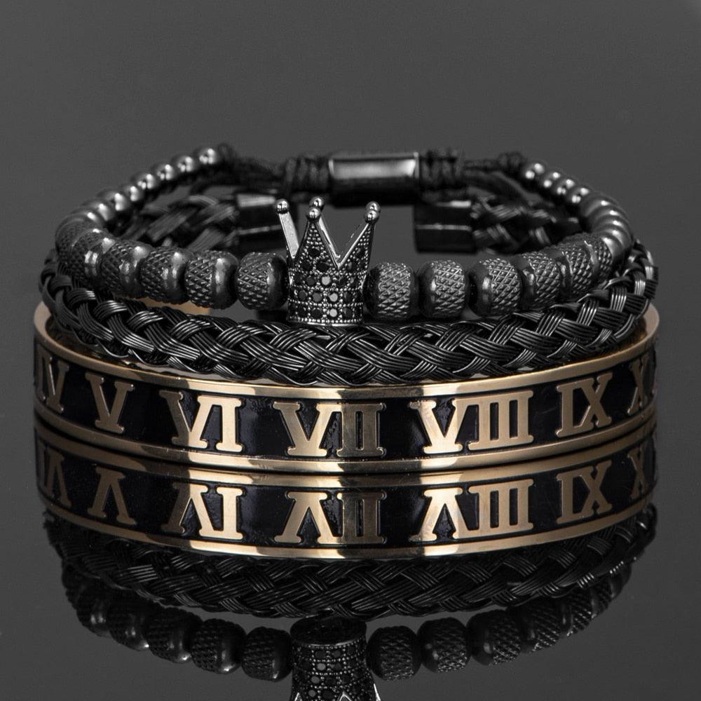 Luxury Crown Handmade Men Enamel Roman Numeral Bangles, Hemp Rope Buckle Open Stainless Steel Men Bracelet, Micro Pave CZ Luxury Jewelry - Sandrine Swank