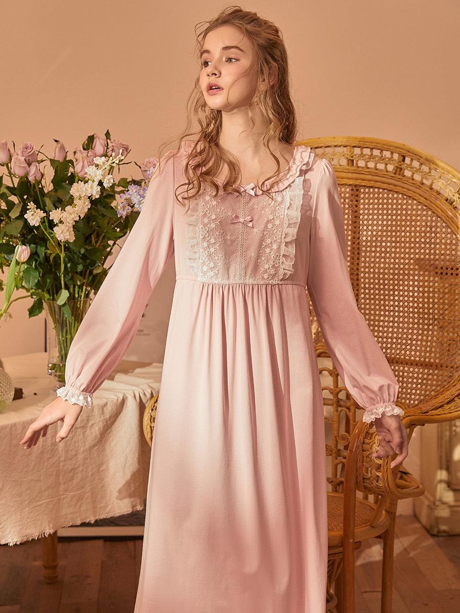 Vintage Delicate Lace Women's Nightgown, Victorian Royal Spring Autumn Princess Loose Nightgown - Belleroz