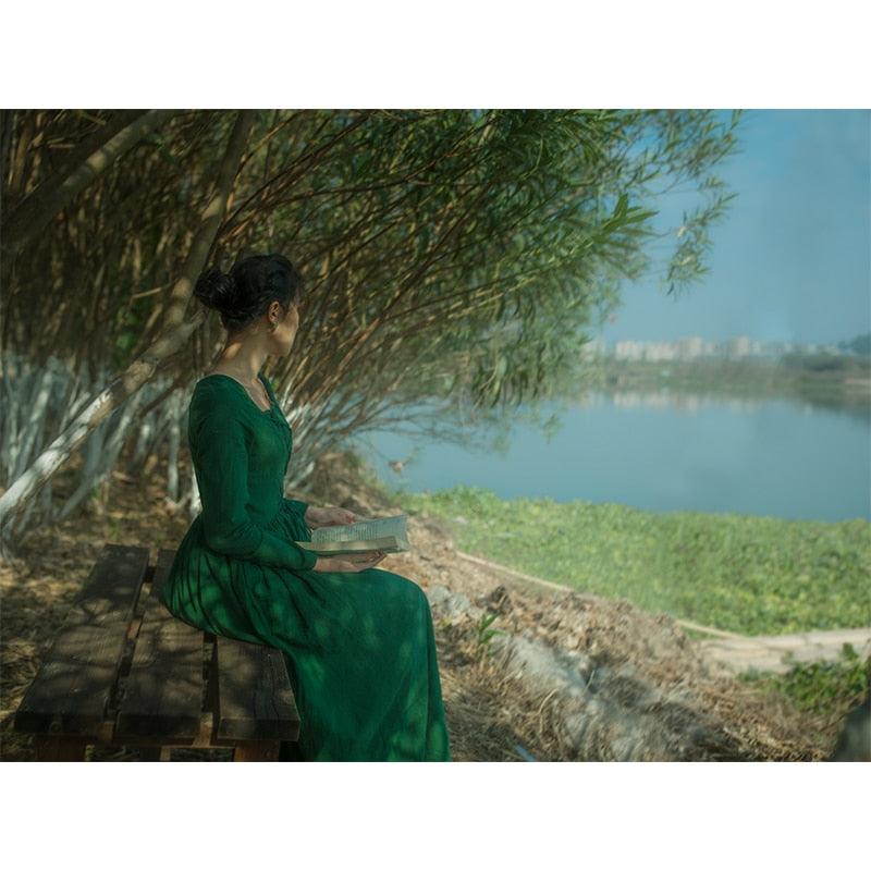 Elsie Vintage Pastoral Style Green Cotton And Linen Long Dress Medieval Retro Elegant Slim Bandage Dresses - Sandrine Swank