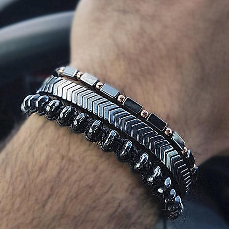 Bracelet Men Braided Rope Natural Hematite Stone, Geometry Bead Chain Bangles For Men - Sandrine Swank