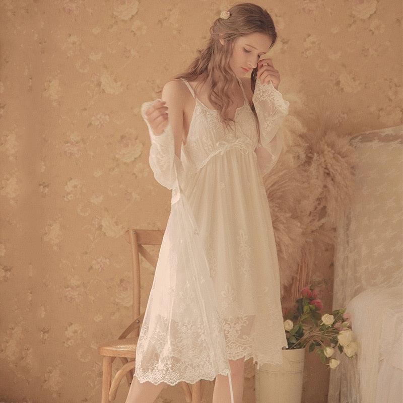 Victorian nightgown, Vintage Women's Nightgown, White Lace 2-Pics Royal Lace Nightgown - Belleroz