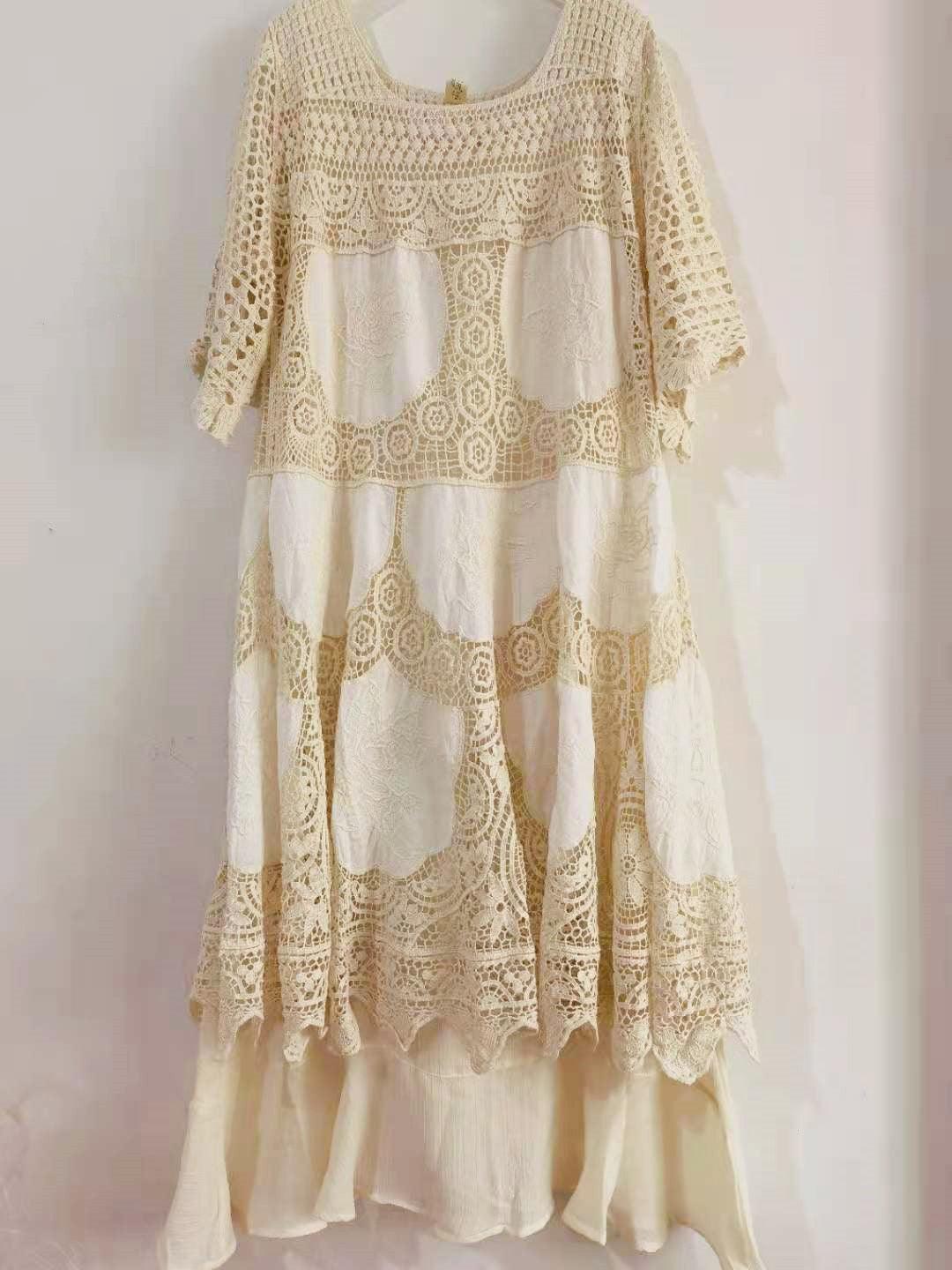 Elsie Mori Girl Sweet Elegant Crochet Lace Long Dress, Sexy Hollow Out Embroidery Midi Dress - Sandrine Swank