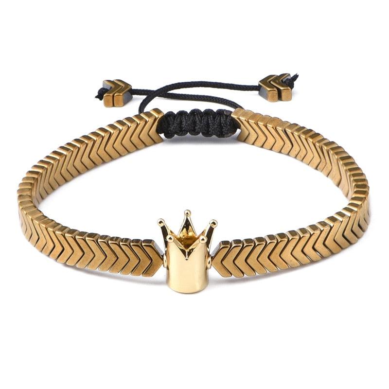 Crown Men Bracelet, Braided Rope Classic V Design Hematite Beaded Men Bracelet - Sandrine Swank