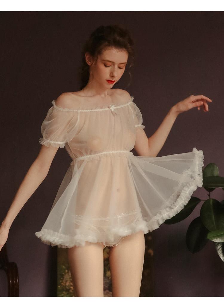 Babydoll Sheer Stars Ultra-thin Gauze Ruffles Off Shoulder Sleeve Tops Shorts Leg Ring Underwear Set - Belleroz