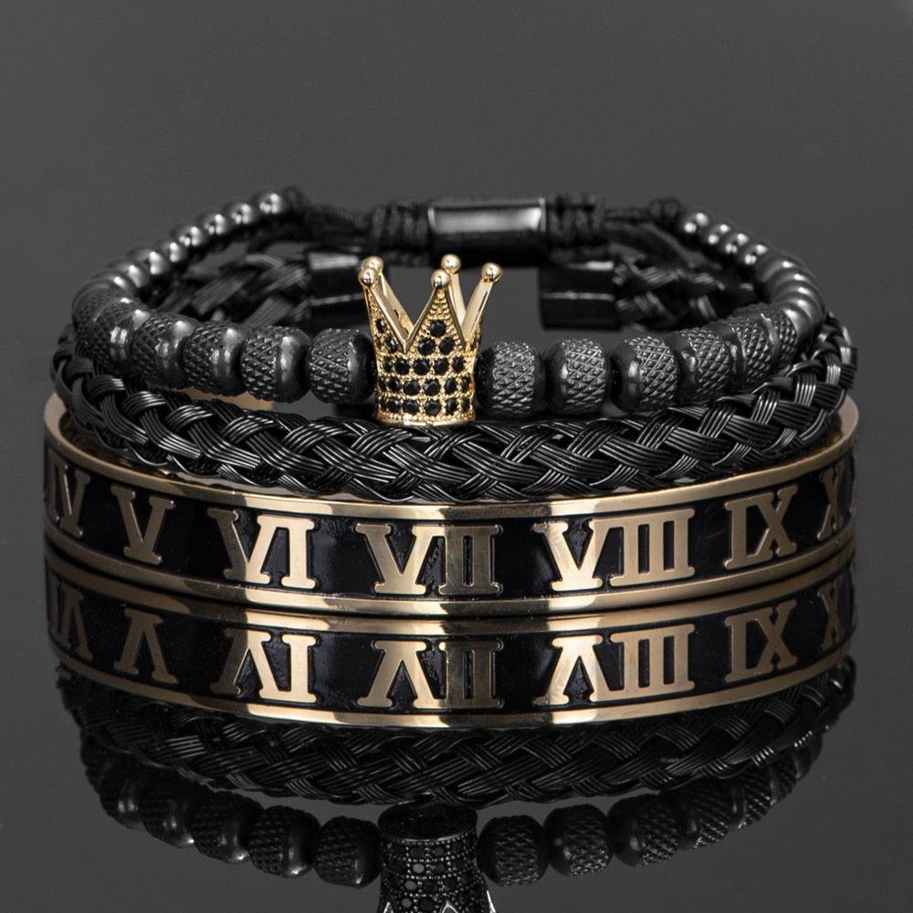 Luxury Crown Handmade Men Enamel Roman Numeral Bangles, Hemp Rope Buckle Open Stainless Steel Men Bracelet, Micro Pave CZ Luxury Jewelry - Sandrine Swank