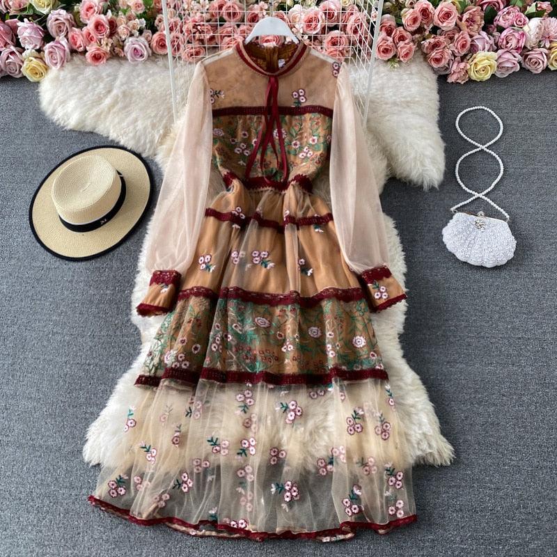 Elegant See Through Long Lantern Sleeve Mesh Dress, Flower Embroidery Lace High Waist Bohemian Maxi Dress - Belleroz