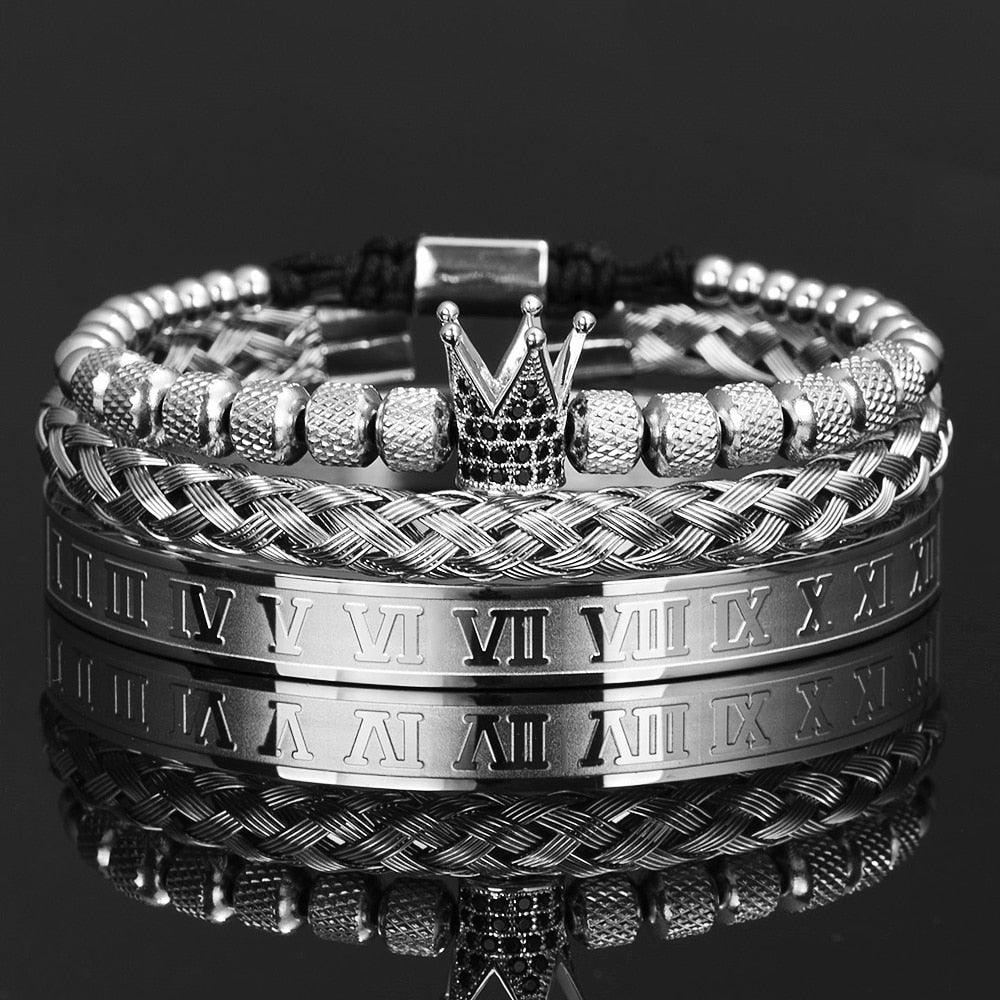 Luxury Crown Handmade Men Enamel Roman Numeral Bangles, Hemp Rope Buckle Open Stainless Steel Men Bracelet, Micro Pave CZ Luxury Jewelry - Sandrine Swank