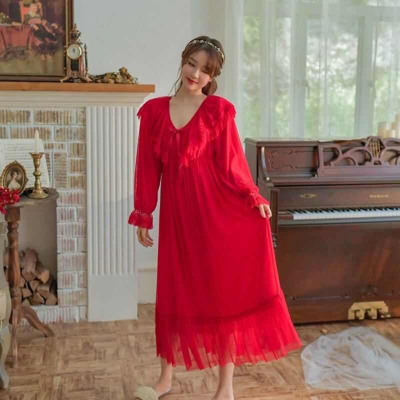 Victorian Vintage Women's Long Nightgowns, Long Sleeve Soft Lace Spring Autumn Loose Nightdress - Belleroz